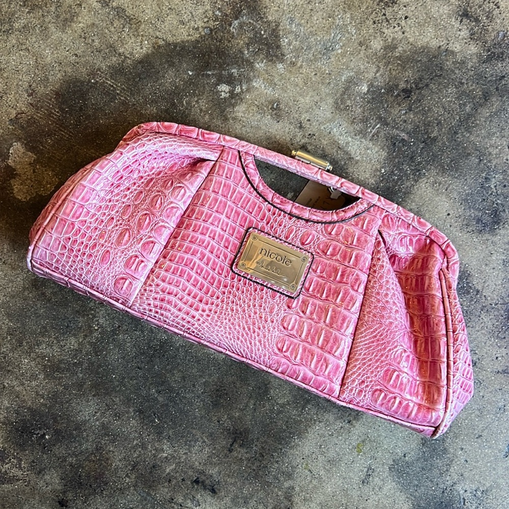 Nichole Miller pink Patent leather crocodile embossed large clutch